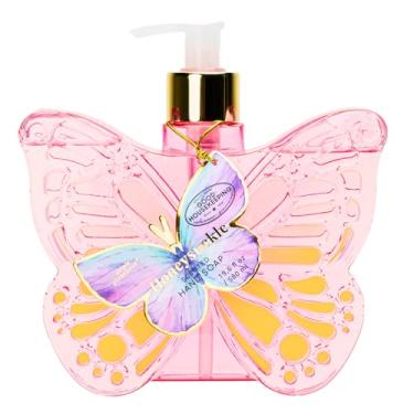 Imagem de Simple Pleasures Dispensador de sabonete líquido perfumado de madressilva rosa borboleta - Bomba de mão recarregável decorativa de plástico para bancadas de cozinha e pias de banheiro 500 ml