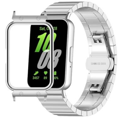 Imagem de QHBAMD Pulseira de metal compatível com Samsung Galaxy Fit 3 SM-R390, pulseira fina de aço inoxidável leve com fivela, capa protetora para Galaxy Fit 3 (prata)