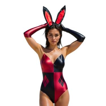 Imagem de MrKnight Macaquinho feminino sexy de coelhinho, peça única, espartilho sob o busto, lingerie, cosplay, fantasia de anime, Vermelho e preto, X-Large