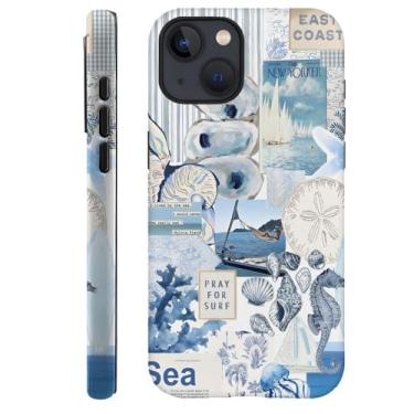 Imagem de TnXee Capa compatível com iPhone 13, capa rígida híbrida de 2 camadas de prevenção de quedas para meninas e meninos, colagem retrô azul oceano concha