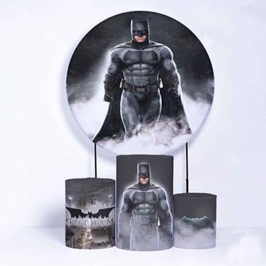 Imagem de Kit Painel de Festa Redondo de 1,30m e Trio de Cilindros Batman - Fera Print