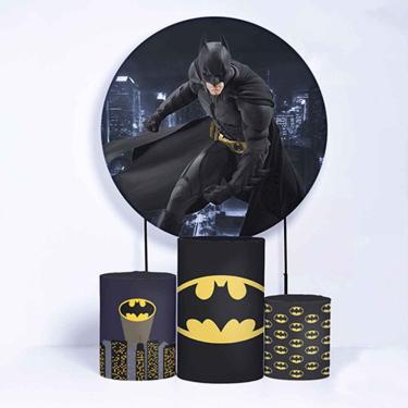 Imagem de Kit Painel de Festa Redondo de 1,30m e Trio de Cilindros Batman - Fera Print