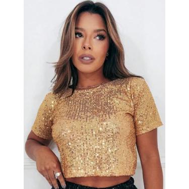 Imagem de A-Lows Blusa Paete Feminina T-shirt Cropped Brilho Manga Curta, Dourad
