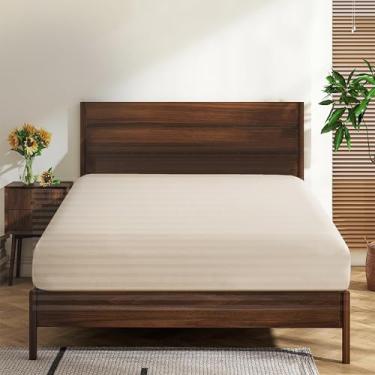 Imagem de Lençóis Queen Size 100% algodão egípcio 600 fios com bolso profundo de 40,6 cm, ultramacio, luxuoso, durável, respirável e confortável (1 lençol com elástico Queen, bege listrado)