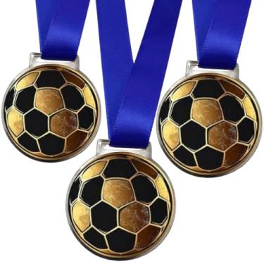 Imagem de Kit 100 Medalhas de Metal Personalizadas, 50mm, Com Fita Azul de Cetim, Adesivada em UV, Prateado (Futebol)