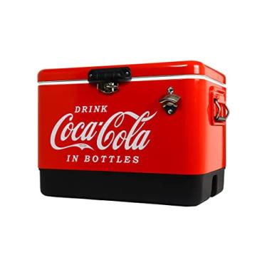 Imagem de Coca-Cola Refrigerador de bebidas com abridor de garrafas, 51 l (54 qt), capacidade para 85 latas de refrigerador, vermelho e preto, para acampamento, praia, RV, churrascos, bagageiros, pesca
