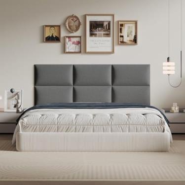 Imagem de MAQQL Cabeceira industrial cinza escuro de linho não adesivo, 60 x 30 cm, kit de 6 painéis - design de descascar e colar para camas queen, solução temporária de espaço