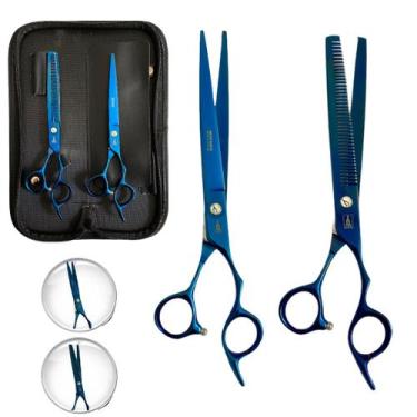 Imagem de Kit tesouras profissional laser e desfiadeira 7.0 - Mofashi,  Azul