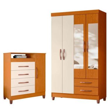 Imagem de Quarto Solteiro Completo Guarda Roupa Âmbar 4 portas com Espelho Cômod
