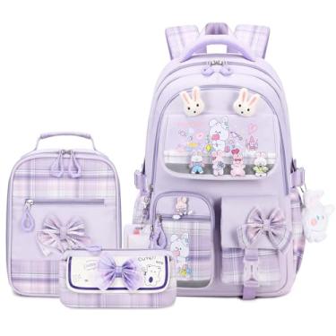 Imagem de CYOQX Mochilas Escolares Para Meninas, 3 Peças, Com Lancheira, Conjunto Adolescentes, Bolsa Fofa Crianças, Mochila Livros (Roxa)