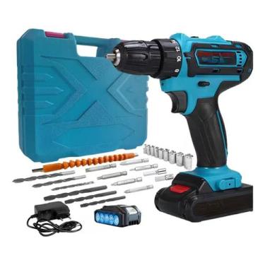 Imagem de Parafusadeira Furadeira 21V com Kit Maleta e Duas Baterias, 28 Peças (Azul-2Baterias-Maleta(28PCS))