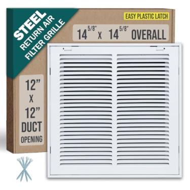 Imagem de Serve para abertura de duto de 12 x 12 | Grade de filtro de ar de retorno de aço da Handua [porta removível] para filtros de 2,5 cm | Grelha de tampa de ventilação | Branco | Travas de plástico fáceis