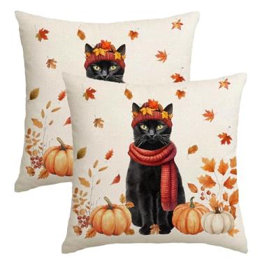 Imagem de NUTEEN Conjunto de 2 capas de travesseiro de outono 45,7 x 45,7 cm para decoração de outono de gato preto para casa ao ar livre, decoração de ação de graças, folha de ácer, decoração de folhas de
