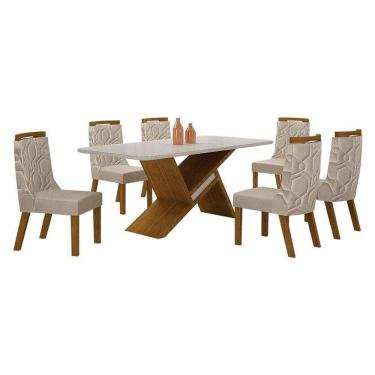Imagem de Mesa De Jantar ágata 180x90 Freijó Off White Com 6 Cadeiras Mdf Freijó Joli Palha - Leifer Móveis