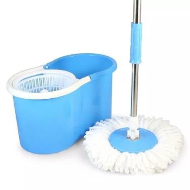 Imagem de Mop desaguador automático giratório 360° Cabo aço Inox Cesto aço Inox com balde(Plástico Azul)