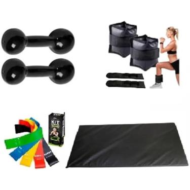 Imagem de Par de Halter 2kg + Par Caneleiras 1kg + Colchonete e 5 Elásticos para Exercícios