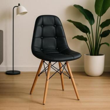 Imagem de Cadeira Estofada Preta Eames Eiffel Botonê Base Madeira Retro - Cadeir