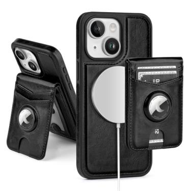 Imagem de SkyEagle Capa carteira compatível com MagSafe para iPhone 13 com suporte para AirTag, 2 em 1, couro sintético, magnético, destacável, com bloqueio de RFID, suporte para cartão de crédito, capa flip