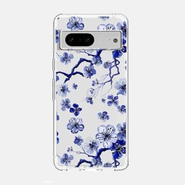 Imagem de Blingy's Capa para Google Pixel 7a, Capa protetora transparente de TPU (poliuretano termoplástico) com estampa floral fofa e fofa para mulheres e meninas (árvore de flores azuis e brancas)