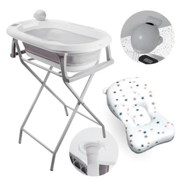 Imagem de Banheira dobrável cinza com suporte, termômetro e almofadas