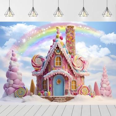 Imagem de Sweet Christmas Candy Gingerbread House Pano de fundo para sessão de fotos Candyland Inverno Floco de Neve Crianças Recém-nascidos Chá de Bebê Decoração de Festa de Aniversário Fundo Festivo de Natal
