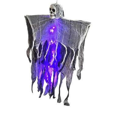 Imagem de Fancyes Caveira pendurada de Halloween, decoração de quintal com caveira assustadora e iluminação, esqueleto pendurado de terror para e quintal, Iluminação Roxa