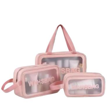 Imagem de INLIS ANA Kit 3 Bolsas Necessaires Wahsbag Transparente À Prova d’água(ROSA)
