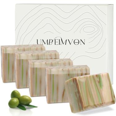 Imagem de Pacote com 5 sabonetes de azeite de oliva, sabonete orgânico e natural feito à mão com 80% de azeite de oliva, 20% de louro, barra prensada a frio, hidrata e alivia a coceira no rosto, corpo e cabelo