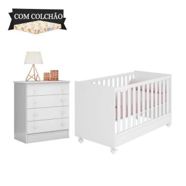 Imagem de Quarto Bebê Completo Doce Sonho Com Colchão E Rodízios Qmovi - Branco