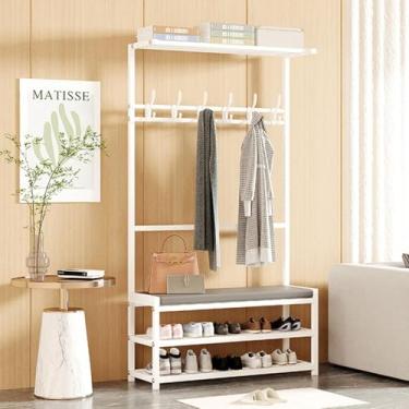 Imagem de Cabide De Parede Com Sapateira E Ganchos, Cabideiro De Corredor Com Banco E Prateleiras, Árvore De Corredor De Pé, Fácil De Montar, Para Sala De Estar, White, 40X25.5X165CM