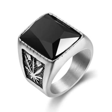 Imagem de FATACI Anel masculino vintage de aço inoxidável, folha de cannabis, maconha, com pedra ônix preta, rock, punk hip hop, joia tamanho 8-12, Metal, Sem pedra preciosa