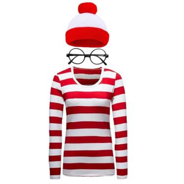 Imagem de CICEYET Conjunto de camiseta masculina feminina Waldo de Halloween listrada vermelha e branca de manga comprida, chapéu, festa, cosplay, fantasia, Conjunto feminino, M