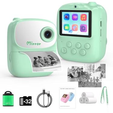 Imagem de Câmera infantil com impressão instantânea para crianças com espelho, câmera digital de selfie de lente dupla HD com 3 rolos de papel de impressão e cartão de 32 GB, presente de aniversário para