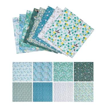 Imagem de eZAKKA Pacotes de tecido de algodão verde de 50 x 50,8 cm, algodão estampado azul, patchwork, vintage, floral, tecido quadrado com flores fofas para Quilting DIY, pacote com 8 (verde floral)