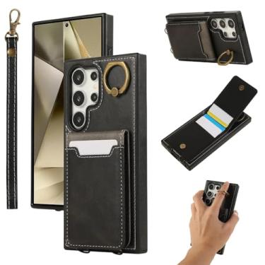 Imagem de Capa para Galaxy A55 5G com cordão curto, bolso para cartão de couro, capa tipo carteira, suporte de anel (para Galaxy A55 5G/preto)