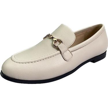 Imagem de Justar Mocassins femininos de couro genuíno com fivela e salto baixo sem cadarço para dirigir mocassim feminino, Bege-01, 41