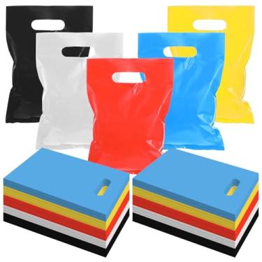 Imagem de 250 peças de sacolas de compras de mercadorias de 22 x 30 cm a granel para pequenas empresas 1,5 mil de espessura de plástico brilhante para presente de festa (amarelo, preto, azul, vermelho, branco)