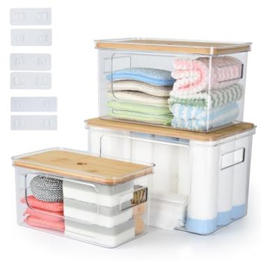 Imagem de OTraki Pacote com 3 porta-sacos de lixo com tampa de bambu