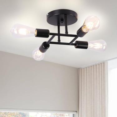 Imagem de Finktonglan 4 lustres Sputnik modernos e leves pretos com montagem semi-embutida para lâmpada de teto com base E26 para casa de fazenda, sala de jantar, corredor, sala de estar, quarto