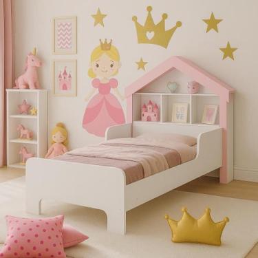 Imagem de Cama Solteiro Casinha Com Prateleira Para Livros e Proteção Lateral - 