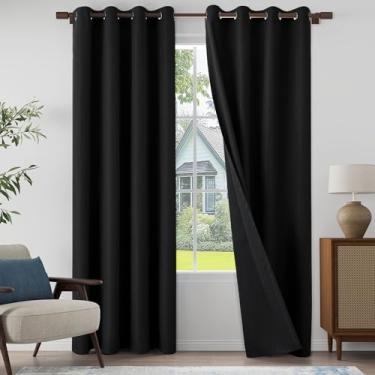 Imagem de Cortinas texturizadas 100% blackout de linho, 228 cm de comprimento, conjunto de 2 painéis para sala de estar, quarto, cortinas leves com ilhós, proteção total de privacidade, preto, 132 cm L x 228 cm