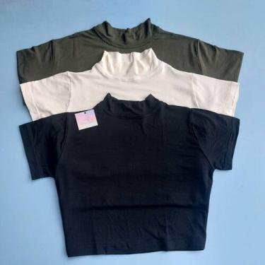 Imagem de Kit 3 Cropped Feminino Manga Curta Viscolycra Gola Alta Confortável - 