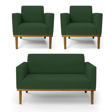 Imagem de Sofá Namoradeira com 2 Poltronas Base de Madeira Fixa Castanho Marisa Veludo Verde  D03 - D'Rossi