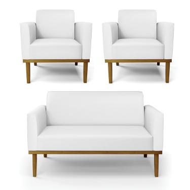 Imagem de Sofá Namoradeira com 2 Poltronas Base de Madeira Fixa Castanho Marisa Corino Branco  D03 - D'Rossi