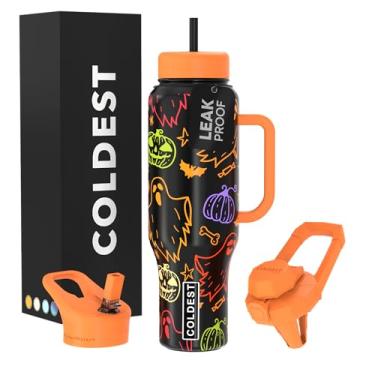 Imagem de Copo Coldest com alça e canudo, copo isolado 100% à prova de vazamento com tampa e canudo (3 tampas), copos de aço inoxidável para mulheres e homens, base compatível com porta-copos, 1,304 g (sistible