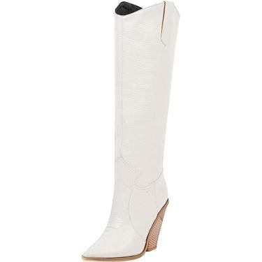 Imagem de Bota feminina acima do joelho, salto com zíper, cano baixo, anabela, retrô, bico fino, botas de combate para trabalho, Branco, 34 BR