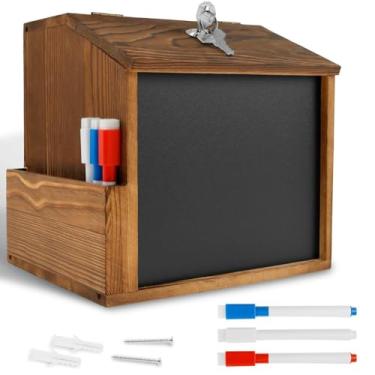 Imagem de Caixa de sugestões de madeira com ranhura e fechadura Caixa de doação de madeira com quadro-negro, bancada ou caixa de votação montada na parede Doação multifuncional de madeira para economizar