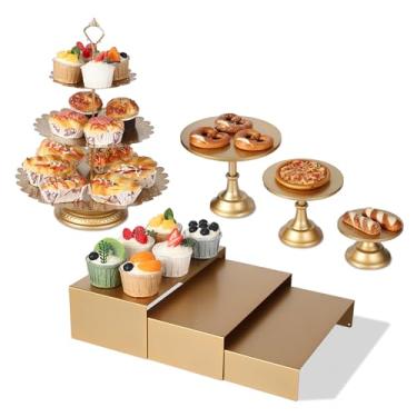 Imagem de Garvee Conjunto de 7 peças de suporte de bolo de metal dourado, conjunto de exibição de mesa de sobremesa com 3 tamanhos de pedestal redondo, suporte de cupcake em camadas e suportes de exibição para