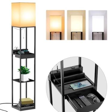 Imagem de Luminárias de Chão para Sala de Estar, Lâmpada Led Alto com 1 Gaveta e 2 Portas de Carregamento USB e 1 Tomada Elétrica Prateleiras Modernas Luminária para Quarto e Escritório - Preto