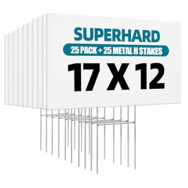 Imagem de Pacote com 25 placas de gramado de plástico ondulado 43 x 30 cm placas de quintal em branco com estacas para venda de quintal placa ao ar livre, venda de garagem, casa aberta, venda de propriedade
